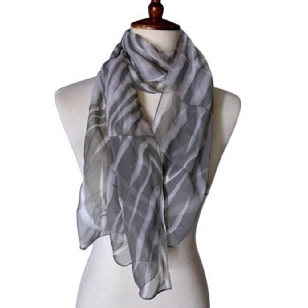 Symphony Scarves Grey White Zebra Print 100% Silk Long Rectangular Scarf 60x13‎